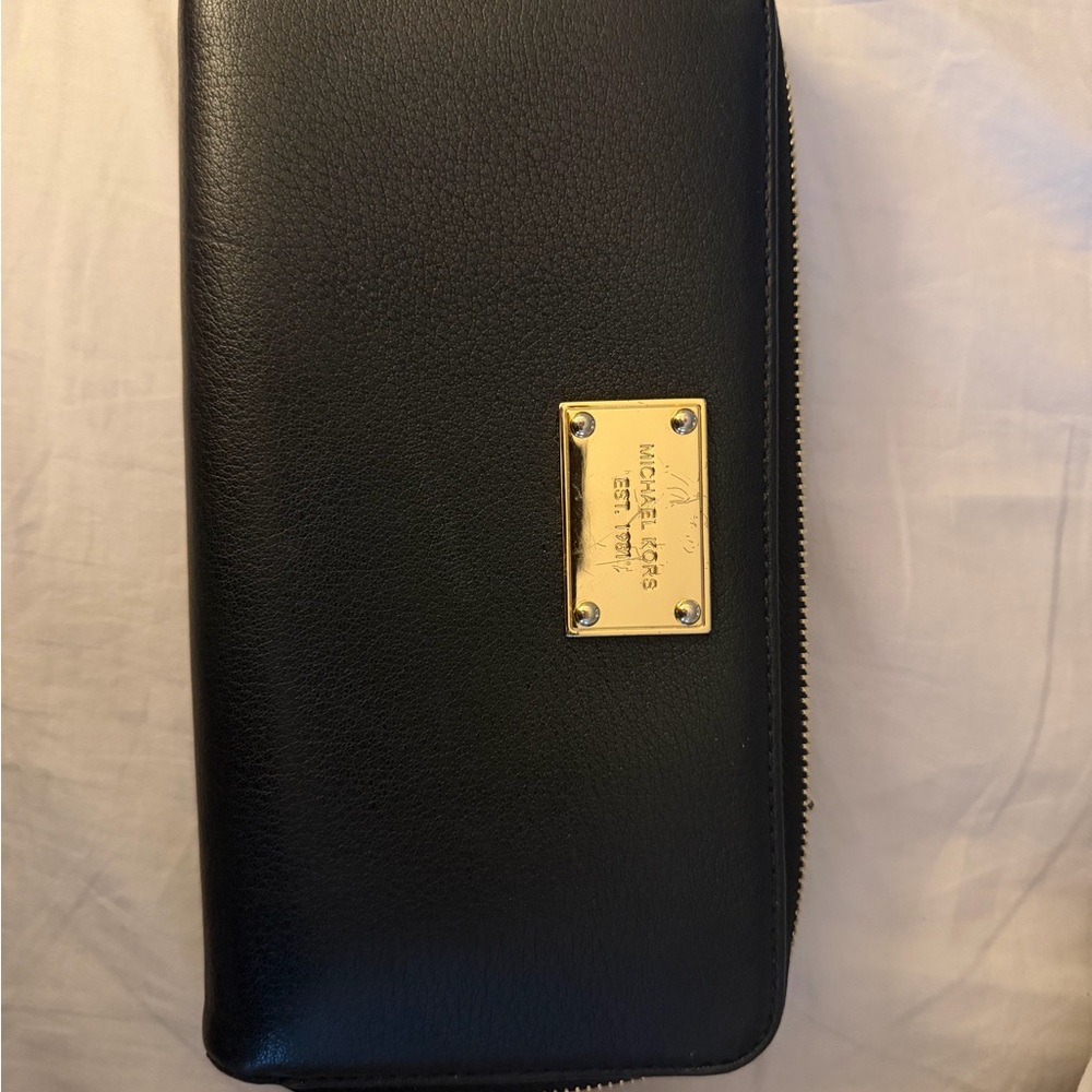 Michael Kors Black Leather Zip-Around Wallet with Gold Plaque